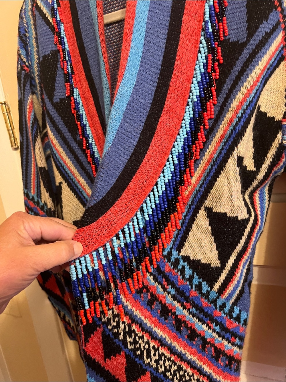 FARM Rio Geometric Open-Front Cardigan Sweater - Blue, Red, Black, Cream - Picture 3 of 8